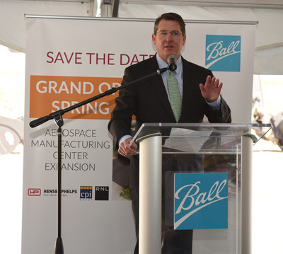 John Hayes, Chairman, President, and CEO, Ball Corporation, at Aerospace Manufacturing Center groundbreaking ceremony, April 20. Credit Ball Aerospace.