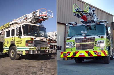 A before (left) and after (right) shot of a firetruck following a Spartan Refurbishment Center visit.