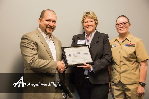 Arizona ESGR representative Carol Smetana presents Jason Siegert, CEO of Angel MedFlight Worldwide Air Ambulance, with the 2017 Patriot Award. Siegert was nominated for the honor by Bambi Pish-Derr DNP, RN, CCRN, CFRN, Angel MedFlight's Director of Clinical Services. Pictured from left: Jason Siegert, Carol Smetana, and Bambi Pish-Derr