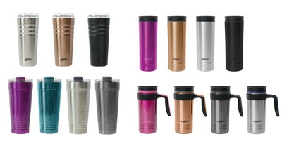 The Igloo Products Corp. Personal Hydration line includes stainless steel products that will keep drinks hot or cold for hours. Top Left - Legacy™ Tumbler, Bottom Left - Logan™ Tumbler, Top Right - Isabel™ Travel Mug, Bottom Right - Isabel™ Travel Mug with Handle.