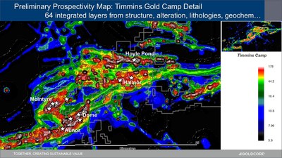 Figure 5. Image displaying the integration of 64 data sets in the preliminary prospectivity analysis of the Timmins Gold Camp (CNW Group/Goldcorp Inc.)
