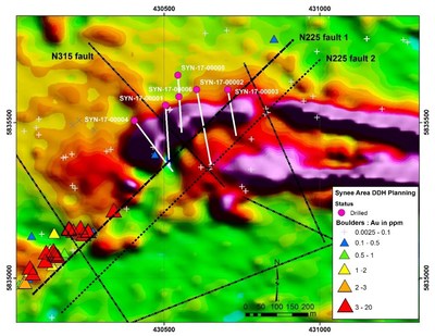 Figure 8. Synee area magnetic feature and drill holes location (CNW Group/Goldcorp Inc.)