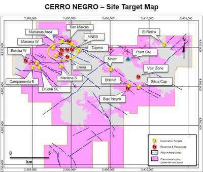 Figure 9. Map showing Cerro Negro deposits and exploration targets (CNW Group/Goldcorp Inc.)