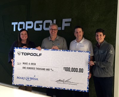 Topgolf CEO Ken May (second from left) and COO Craig Kessler (far right) present $100,000 donation to Make-A-Wish North Texas executives.