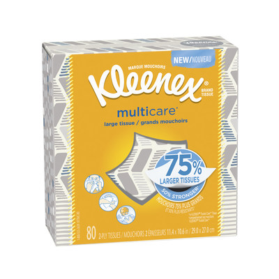 Kleenex® Multicare* tissue is 75 percent larger and 50 percent stronger than Kleenex® Trusted Care* tissue to help each deliver more. Available in four package designs, Kleenex® Multicare* stands up to multiple occasions from sneezes to snacking to small spills, to confidently face whatever life brings.
