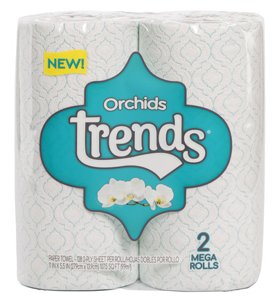 NEW ORCHIDS TRENDS® Paper Towels have a new unique quatrefoil design in both gray and teal, perfect for today’s designer home trends. The consumer response during testing has been outstanding as consumers describe the new towel as Elegant, New and Modern. This product has been presold to retailers and will be available to ship in June.