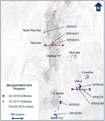 Figure 1. Drillhole location plan map for the fourth quarter 2016 and first quarter 2017 exploration drill programs at the Marigold mine, Nevada, U.S. (CNW Group/Silver Standard Resources Inc.)
