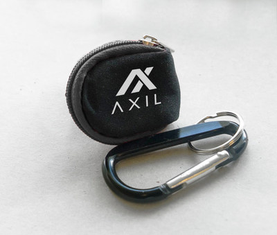 The water-durable carrying case and carabiner that every supporter will receive if Axil reaches its stretch goal of $200,000.