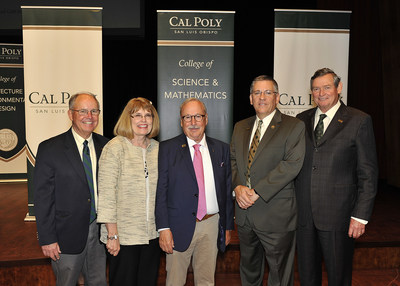 The largest gift in California State University history is made to Cal Poly by alumnus Bill Frost and wife Linda. Pictured from left: College of Science and Mathematics Dean Phil Bailey, Linda Frost, Bill Frost, Cal Poly President Jeffrey D. Armstrong and California State University Chancellor Timothy P. White.