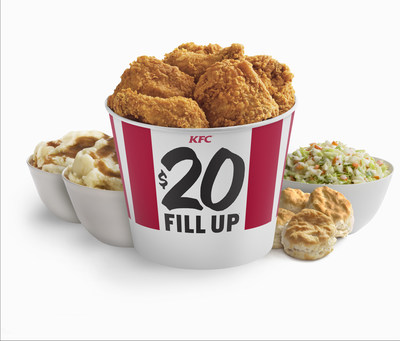 KFC $20 Fill Up™ featuring eight pieces of Extra Crispy™ Chicken, a large cole slaw, four biscuits and two large helpings of mashed potatoes and gravy.