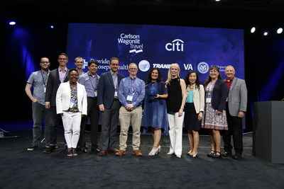 Jive Software CEO Elisa Steele with the elite ‘Jive 5’ Digital Transformation Award winners from Carlson Wagonlit Travel, Citi, Providence St. Joseph Health, Trane and the U.S. Department of Veterans Affairs at this week’s JiveWorld17.
