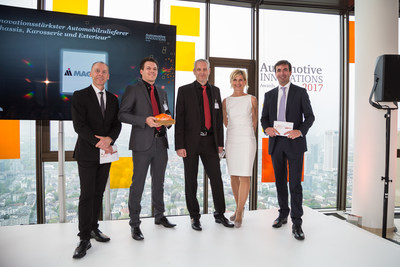 Magna’s Christian Knollmayr and Werner Karner accept the AutomotiveINNOVATIONS Award in Frankfurt, Germany, on May 4, 2017. (CNW Group/Magna International Inc.)