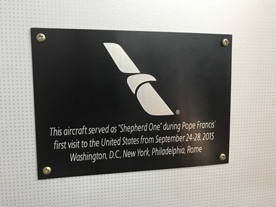 Plaque Commemorating the American Airlines aircraft used by Pope Francis during his visit to the United States and used today for the inaugural flight to Rome from DFW Airport.