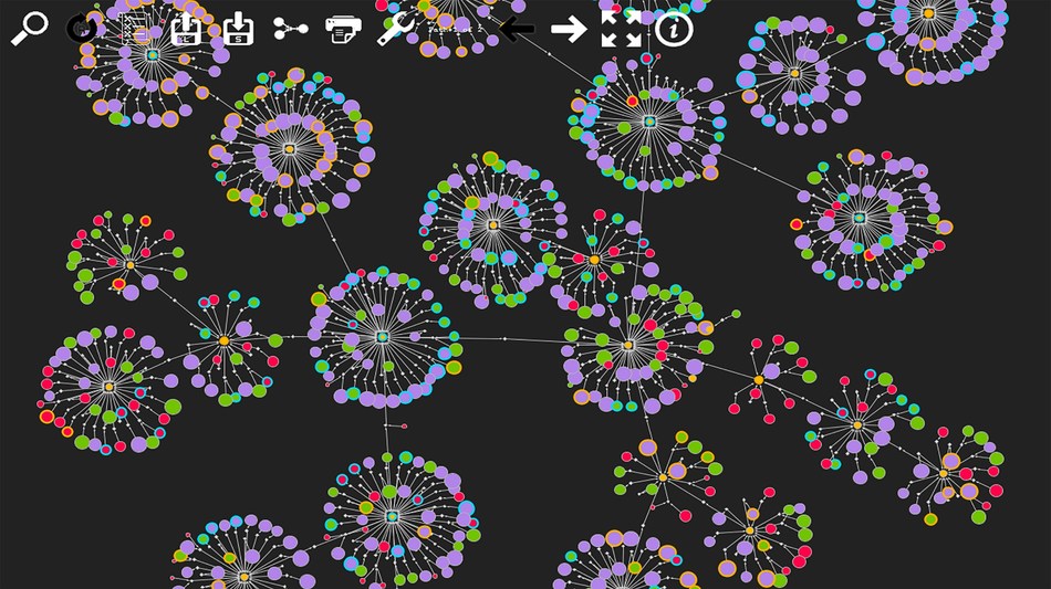 This image illustrates the synthetic pathways a researcher using Chematica might be given. Each burst represents the viable reaction options. The connections between the bursts represent the selected reaction steps forming a synthetic pathway for a given target molecule. This image illustrates the synthetic pathways a researcher using Chematica might be given. Each burst represents the viable reaction options. The connections between the bursts represent the selected reaction steps forming a synthetic pathway for a given target molecule.