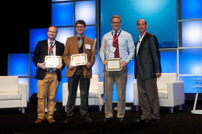 2017 SME Digital Manufacturing Challenge winners from left to right: Eric Gilmer, Camden Chatham, and Jacob Fallon of Virginia Polytechnic Institute, and Carl Dekker, chair of the SME’s DDM Technical Group.