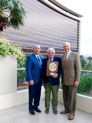 Left to right:  NFSA President Shane Ray, 2017 Golden Sprinkler Award recipient Jack Thacker, and NFSA Board Chair Larry Thau pause before the closing Awards Banquet at the Red Rock Resort in Las Vegas.