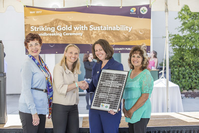 Members of the Amador County Public Schools Board celebrate the beginning of the Amador GOLD program with OpTerra Energy Services Senior VP Lindsey Nehls (second from L) and Superintendent Dr. Amy Slavensky (second from R) at District ground breaking event. Dr. Slavensky holds commemorative plaque marking beginning of the new sustainability and STEM-focused District initiative with OpTerra.