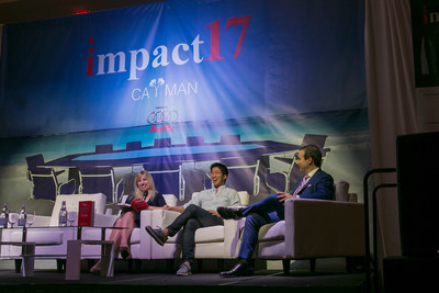 On stage at IMPACT17 Cayman are Jeanniey Mullen, Chairwoman of the Women’s Leadership Group and Global CMO of Mercer; Brian Wong, CEO of Kiip; and Sinan Kanatsiz, Chairman, IMA Global.