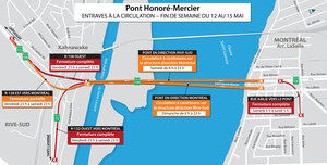 Pont Honoré-Mercier, entre Montréal et Kahnawake - Entraves à la circulation prévues dans la fin de semaine du 12 au 15 mai