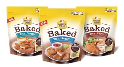 Foster Farms’ new Baked line features three varieties - Chicken Breast Nuggets, Chicken Breast Fillets and Chicken Breast Tenders - with half the fat and 25 percent fewer calories than traditional offerings*. Foster Farms is the first major U.S. poultry producer to offer a full line of baked - never-fried - cooked chicken products distributed nationwide.