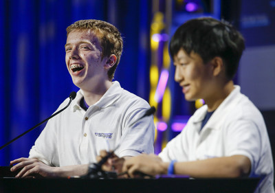 Luke Robitaille, a 13-year-old 7th grader from Euless, Texas (left), faces off against Texas teammate Andrew Cai (right), during the Countdown Round of the 2017 Raytheon MATHCOUNTS National Competition. Robitaille was named national champion and Cai was the runner-up. (credit Damian Strohmeyer Photography)