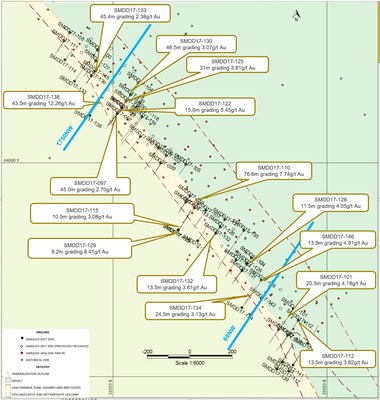 Figure 1: Saramacca drill hole plan map and highlighted 2017 assay results. (CNW Group/IAMGOLD Corporation)
