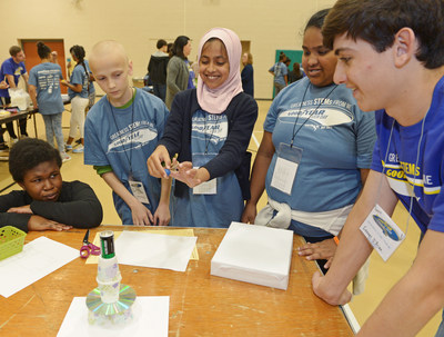 Jennings Middle School (Akron, Ohio) students (from left) Fadhilia Fofana, Seth Adams, Nadia Anwaar and Smita Biswa participate in a hands-on activity as volunteer and Akron Firestone High School student Connor O'Brian advises at The Goodyear Tire & Rubber Company’s 19th Annual STEM Career Day.