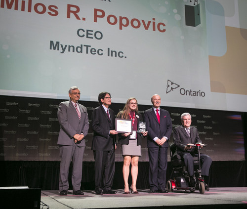 L-R Dr. Tom Corr, President and CEO of OCE, Michael J. Nobrega, Chair of the OCE Board, Alexa Granger who accepted the award on behalf of MyndTec Inc. Reza Moridi, Minister of Research Innovation and Science, and Hon. David Onley, Former Lieutenant Governor of Ontario (CNW Group/Ontario Centres of Excellence Inc.)
