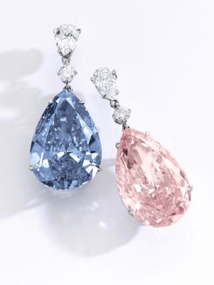 "The Apollo Blue" (an internally flawless fancy vivid blue diamond weighing 14.54-carats) and "The Artemis Pink" (a fancy intense pink diamond weighing 16-carats) sold by Sotheby’s in Geneva for a combined $57.4 million, a new world record for earrings at auction