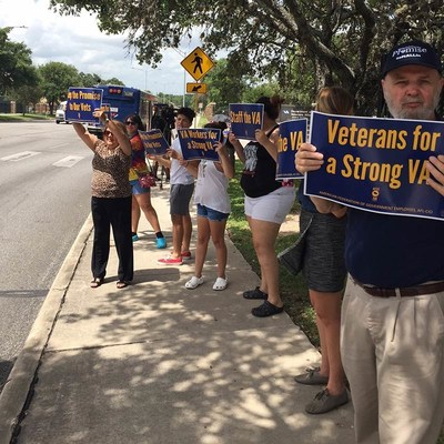 Veterans Affairs employees rally outside the Audie L. Murphy Memorial VA Hospital in San Antonio, Texas, on June 20 to protest the proposed closing of VA medical centers nationwide.