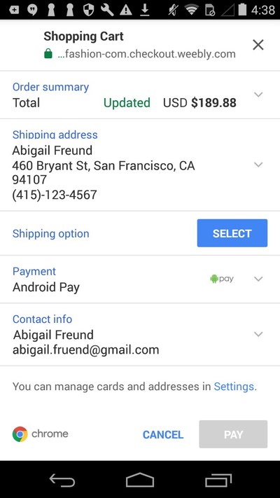 Payment screen on Weebly online store using Android Pay.