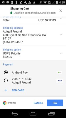 Selecting Android Pay as your method of payment on Weebly online store checkout.