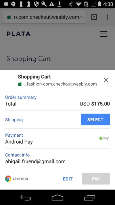 Android Pay option on Weebly online store checkout.