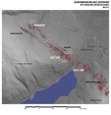 Island Mountain Drillhole Location Map With Terrain Model and Mine Development May 2017 (CNW Group/Barkerville Gold Mines Ltd.)