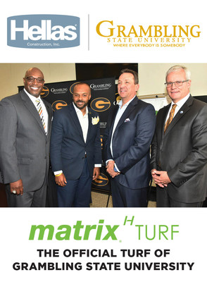 Grambling’s Athletic Director Paul Bryant and Head Coach Broderick Fobbs with Hellas President Reed Seaton and Origin Bank President/CEO Drake Mills during the press conference announcing the renovations of Eddie G. Robinson Memorial Stadium in May 2017. A Grambling University Foundation partnership with Origin Bank and Coca-Cola is helping make the estimated $1.5 million to $2 million project possible.