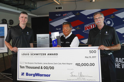 Standing with the Louis Schwitzer Award trophy (left to right) were John Norton, Staff Engineer, BorgWarner and Louis Schwitzer Award Selection Committee; Darrick Dong, Director of Motorsports, PFC Brakes; and Jim Bailey, BorgWarner Retiree and Louis Schwitzer Award Selection Committee.