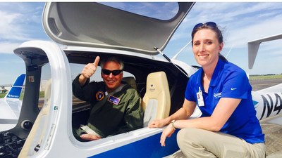 Gov. Terry McAuliffe post-flight in the Centaur Optionally-Piloted Aircraft (OPA) with Aurora’s Program Manager Carrie Haase