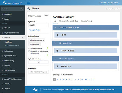 The new "My Library" page in the ATP Aviation Hub application lets maintenance technicians enter an aircraft registration number to quickly locate all relevant technical and regulatory reference content related to a specific aircraft.