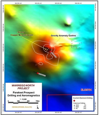 Figure 2. Parakeet aeromagnetic image with superimposed gravity and drill collar (CNW Group/Chalice Gold Mines Limited)