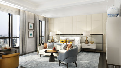 The St. Regis Shanghai Jingan’s 436 exquisitely styled guest rooms, including 66 suites, and 55 residences boast sweeping city views.