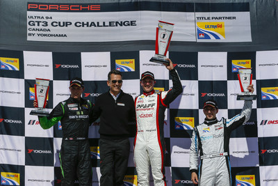 Scott Hargrove won Round 1 of the 2017 Porsche Ultra 94 GT3 Cup Challenge Canada by Yokohama in the No. 9 Castrol-Pfaff Motorsports entry. Zacharie Robichon finished second in the No. 98 Mark Motors Racing Porsche two seconds behind Hargrove; series newcomer Remo Ruscitti in the No. 69 OpenRoad Racing entry rounded out the Platinum class podium. Alexander Pollich, President and CEO of Porsche Cars Canada, Ltd. is pictured on the podium after presenting the finishers their respective awards. (CNW Group/Porsche Cars Canada)