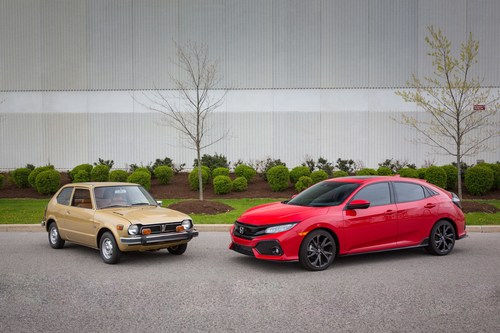 THEN and NOW: In celebration of the two-millionth Honda Civic sold in Canada since 1973, a 2017 Honda Civic Hatchback is shown with a 1977 Honda Civic Hatchback. Civic is Honda’s longest-running automotive nameplate and is Canada’s best-selling passenger car the past 19 consecutive years. (CNW Group/Honda Canada Inc.)