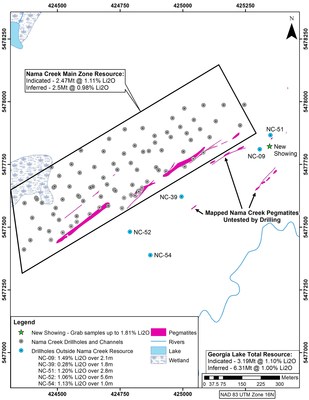 The map shows a potential pegmatite field to the southeast of the main resource area. This clearly shows the potential for growth as past drill holes outside of the main resource zone intersected lithium-bearing pegmatites. Additionally, mapped pegmatites exist that have yet to be drill-tested and the prospecting program resulted in the discovery of a previously un-mapped pegmatite. (CNW Group/Rock Tech Lithium Inc.)