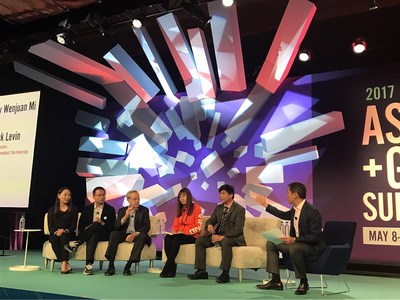TAL Education co-founder Liu Yachao (second from left), former Yale University president and Coursera CEO Rick Levin (third from right), VIPKID CEO Cindy Mi (fourth from left), and China First Capital Group deputy chief executive officer Victor He (fifth from left) participating in a keynote panel discussion at the ASU GSV Summit.