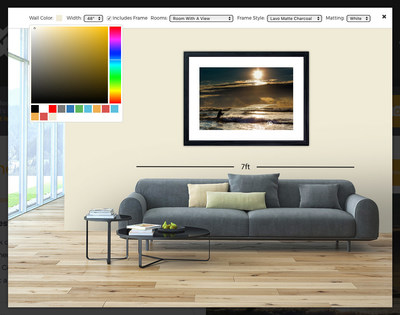 Virtual reality room preview tool. Customers can preview any Compassion Gallery art in multiple rooms, frame styles, wall colors and sizes, before they buy it.