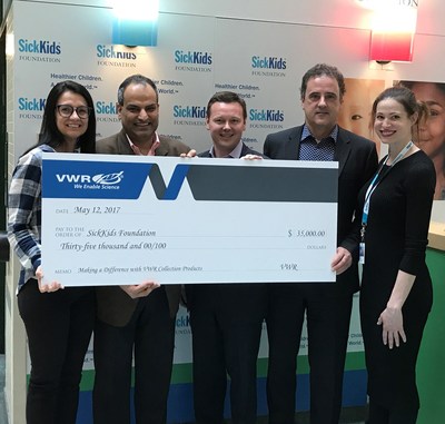 VWR presents SickKids Foundation with a $35,000 donation as a result of VWR Collection sales in Canada in 2016. (L to R: Crystal Michaud, Sales Representative for VWR; Nav Arora, General Manager, Canada & SVP, Global Mining for VWR; Jeff Rands, Director, Region Sales for VWR; Bruno Cuoci, VP, Sales for VWR; and Sarah Bywater, Manager, Corporate Sponsorships for SickKids Foundation)