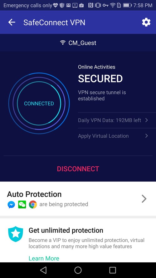 Security Master’s SafeConnect feature, powered by AnchorFree’s Hotspot Shield VPN technology, enhances mobile internet security through protecting and encrypting all data transmitted across the internet.