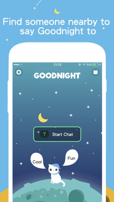 Goodnight is a mobile application that allows people to quickly find someone nearby to say "Goodnight" to using only voice, eliminating the reliance on photos or text chat to start friendships or relationships.