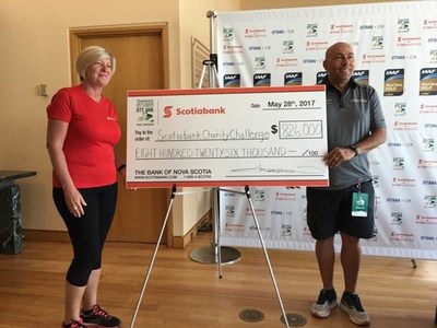 John Halvorsen, President and Race Director of Run Ottawa and Carole Chapdelaine, Scotiabank's Senior Vice President, Quebec and Eastern Ontario Region, unveil the amount raised during the Scotiabank Charity Challenge. $826,000 and counting will help 64 local and national charities. (CNW Group/Scotiabank)