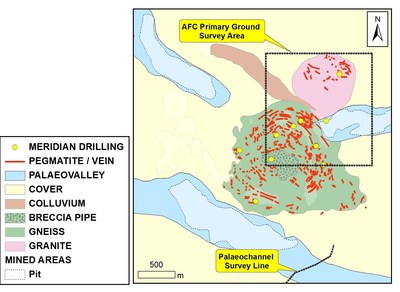Figure 1: Location of near-mine trial survey sites in dashed outline, showing the northern survey block straddling the main hill, and the principal palaeochannel survey line over the unmined projection of a mineralized trend to the south. (CNW Group/Meridian Mining S.E.)